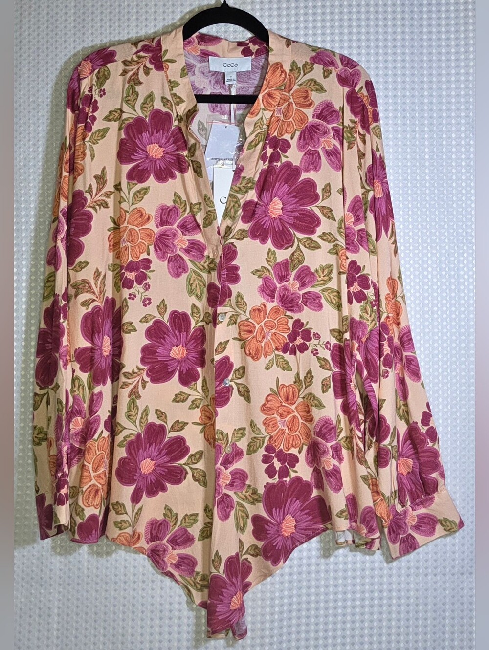 CeCe 1X Floral Tie Front Blouse Plus Size Boho 70s Romantic Long Sleeve Top - Picture 10 of 10